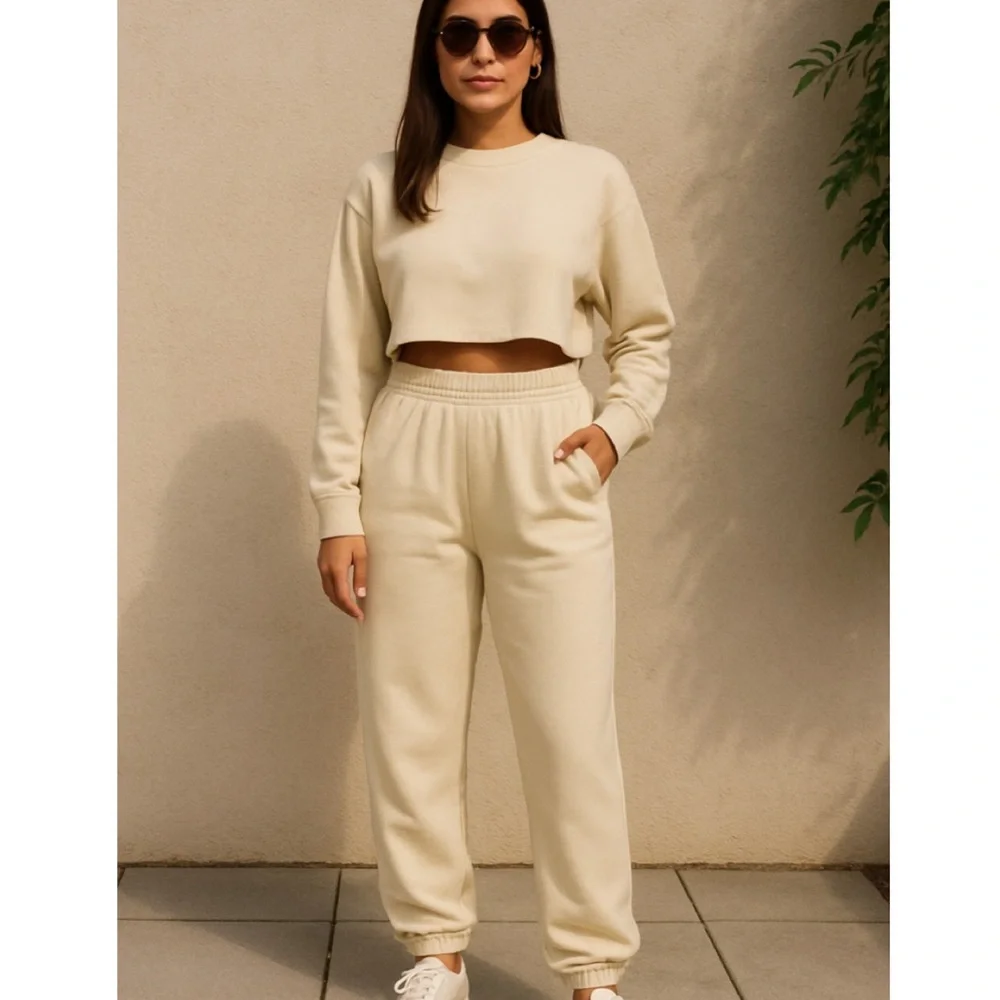 WeWoreWhat x Revolve Cream Brushed Terry High Waist Joggers Size Large - Picture 1 of 12